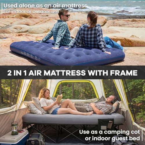 Image of FUNDANGO Queen Camping Cot with Electric Pump, Inflatable Air Mattress Bed with Removable & Washable Cover, Folding Frame, Cup Holders, Carry Bag for Adults, Tent, Guest (80 inchx60 inch)