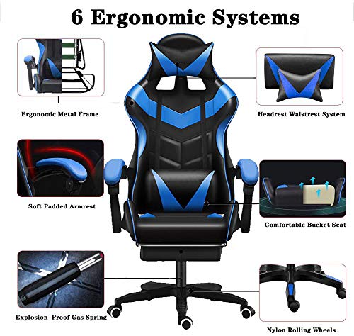 Jackgold Gaming Footrest Office Adjustable Swivel Leather High Back Computer Desk Chair with Headrest and Lumbar Support, Blue-Black