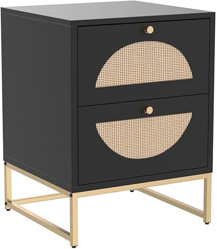 Miniatura 5 de Lamerge Juego de 2 mesitas de noche de ratán, mesa auxiliar de madera, mesa auxiliar moderna con 2 cajones de almacenamiento, mesa decorativa para