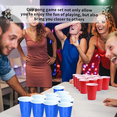 SUNYIWJIE Cup Pong Game Set 22 Pcs 16 Oz Plastic Party Cups with 4 Pcs Ping Pong Balls (Red+Blue) - Thumbnail 7