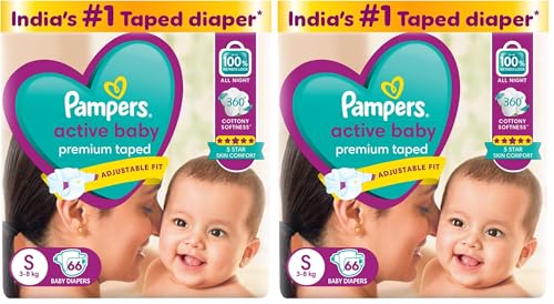 Image of Pampers Active Baby Taped Diapers, Small size diapers, (S) 66 count, taped style custom fit (Pack of 2)