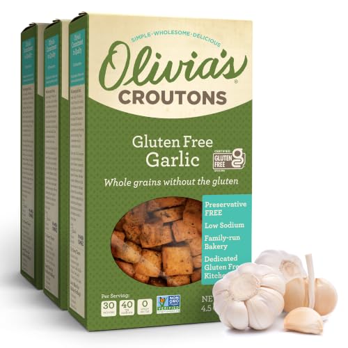 Image of Olivia's Croutons Gluten Free Garlic Croutons, 4.5 oz, 3 Pack | Ancient grain bread, dairy free, vegetarian, salad and soup topping, non gmo