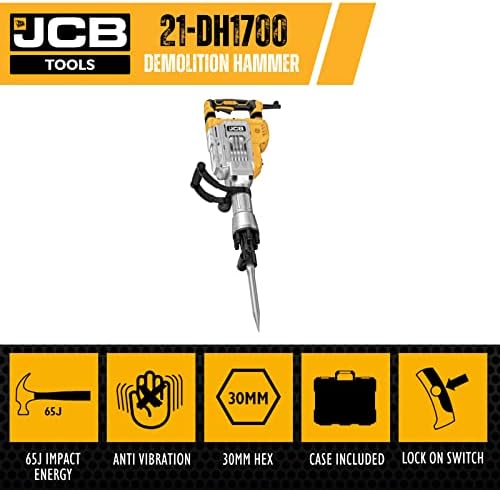 JCB 1700W Demolition Hammer Breaker in Case, Anti-Vibration & Multi-Position Side Handle, 1900bpm, 30mm Hex Chuck, Powerful 75j of Impact Force, 3 Year Warranty