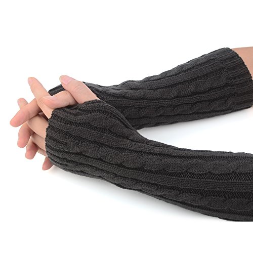 Flammi Women's Cable Knit Arm Warmers Fingerless Gloves Thumb Hole Gloves Mittens (Grey) #TOP6