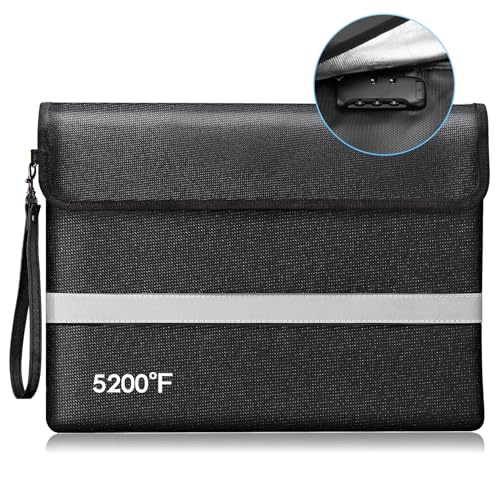 5200°F Fireproof Document Bag with Lock, 14.3"x11" Fireproof and Waterproof Money Bag with Zipper Closure, Storage Pouch for A4 Letter Size Document, Cash, Cell Phone, Tablet, Credit Card,Passport