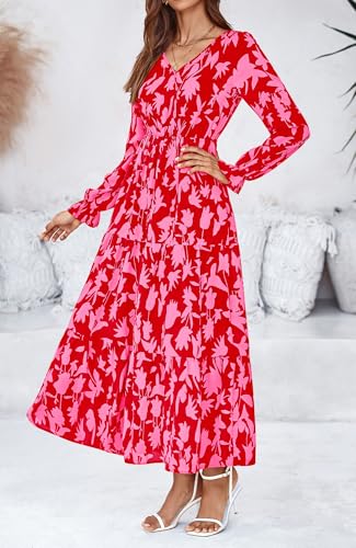 BTFBM Women Fall Dresses 2025 Casual Long Sleeve V Neck Maxi Dresses Floral Boho Long Dress Wedding Guest Dress