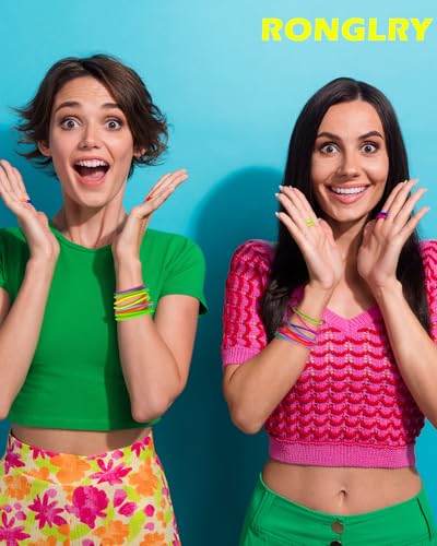 Ronglry 30pcs Silicone Jelly Bracelets 80s Neon Bracelets Bulk Gel Gummy Bracelet for Glow Party Favor Colorful Stretch Wristbands 80s 90s Outfits Costume Accessories for Women Neon Jewelry4