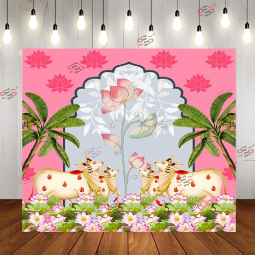 Image of S2S Traditional Backdrop Decoration Cloth | Pink Lotus 4 Cows Backdrop | Gomatha | for Pooja Decoration - 5 Feet Height & 5 Feet Width
