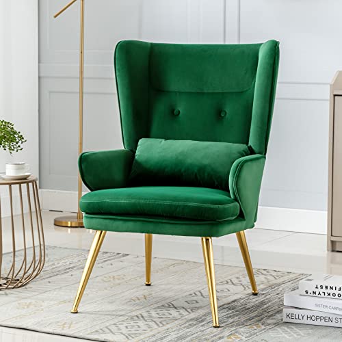 Wingback Accent Chair Button Tufted Velvet Armchair Modern Vanity Leisure Chair Mid-Century Chair With Golden Legs & Lumbar Pillow & Backrest, Lounge Chairs For Living Room,Bedroom,Office,Green #TOP15
