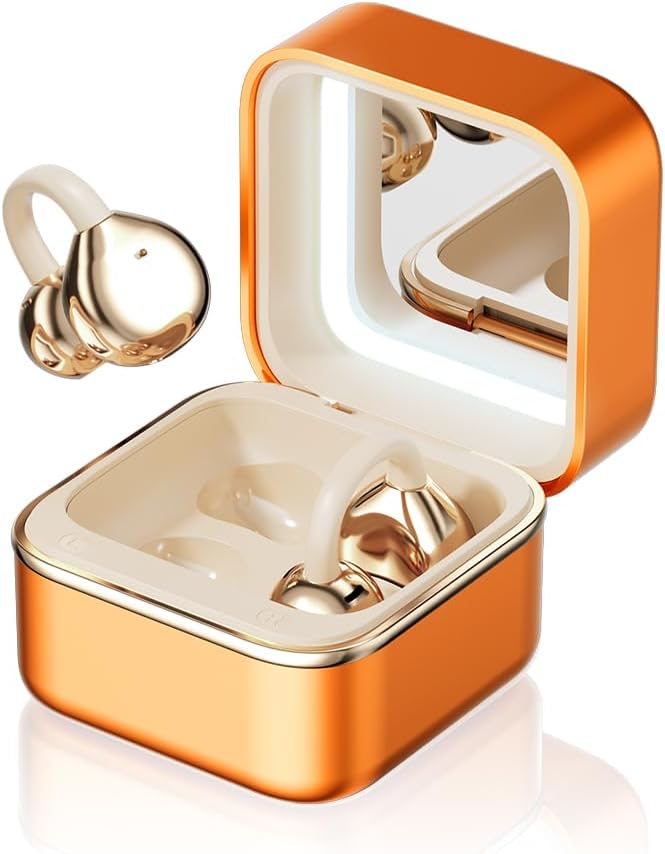 Clip On Ear Headphones with a Makeup Mirror, Open Ear Earbuds Wireless Bluetooth Earbuds,Ultra-Long Battery Life, for Android/iOS Phones (Orange Color)