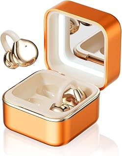 Clip On Ear Headphones with a Makeup Mirror, Open Ear Earbuds Wireless Bluetooth Earbuds, Secure and Won't Fall Off, Ultra-Long Battery Life, for Android/iOS Phones (Orange Color)