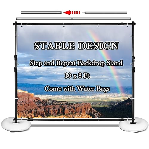 Hooomyai Backdrop Banner Stand 10x8Ft Adjustable Heavy Duty Telescopic Step and Repeat Stand with Carrying Bag & Water Weight Bags for Parties, Trade Show, Photo Booth, Wedding, Photography