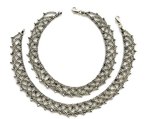 Anklets for Women Indian Style Payal | Premium Dainty Handmade Soldered Jewelry | Layered Brass Chain Ankle Bracelet Silver Plated Oxidized Vintage Antique Finish | Bohemian Gypsy Hippie Festival Bollywood Feet Jewelry | Novelty Fashion Accessory