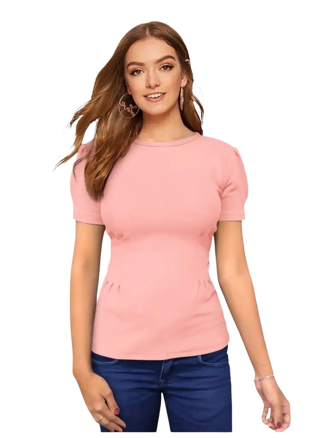 Women's Solid Pink Short Sleeve Top, Regular Fit Casual Wear
