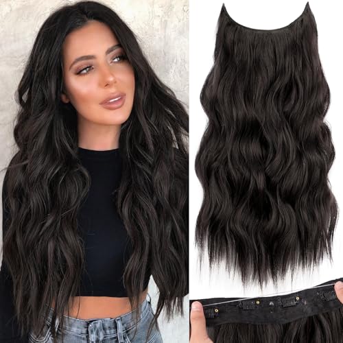 KooKaStyle Invisible Wire Hair Extensions with Transparent Wire Adjustable Size 4 Secure Clips Long Wavy Secret Synthetic Hairpiece 20 Inch 120g Rich Dark Brown with Warm Tones for Women