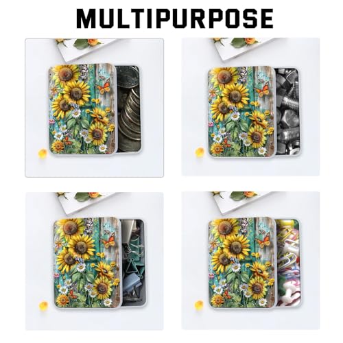 Image of Metal Tin Box with Lid, Sunflowers Daisies and Butterflies | Multi-functional Storage, Large Box, Can Store Tea Biscuits Game Cards Playing & Tarot Cards