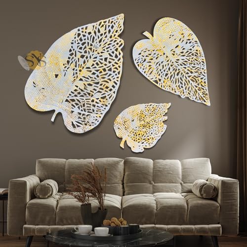 Image of SNS DECOR Luxury Metal Abstract Figures Leaf Wallart Set of 3 Handcrafted Wall Sculpture Wall Art Multicolor For Home Decoration (White & Gold)