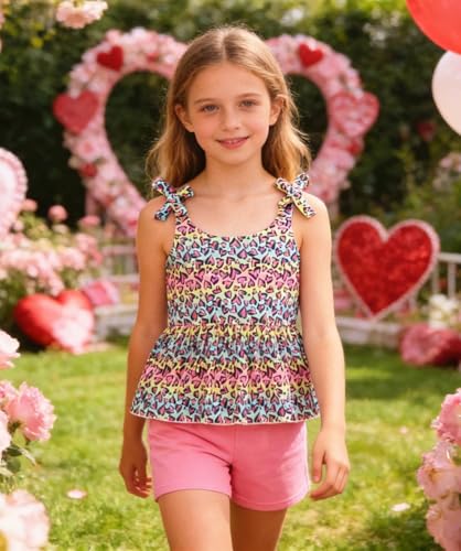Image of Toddler Girls Clothes Summer Short Set Outfit Tie Knot Shoulder Sleeveless Ruffle Tops and Shorts 2PC Clothing Set