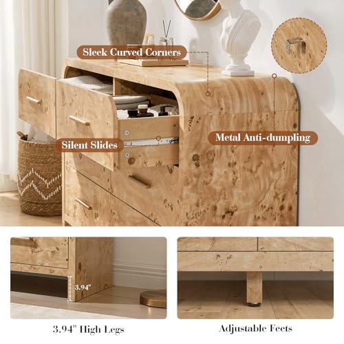 Image of Curved Drawer Dresser for Bedroom with 6 Drawers, 54'' Wide Chest of Drawer