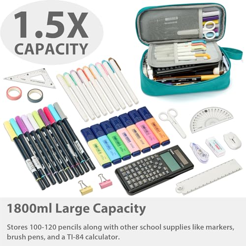Image of SPACEMATE Pencil Case Pouch Box Bag School Supplies Girls Boys Kids, Cute Preppy Stuff Large Big Capacity Aesthetic Pen Organizer, Back to College Stationary, Teal, Classic Stlye, 1800ml
