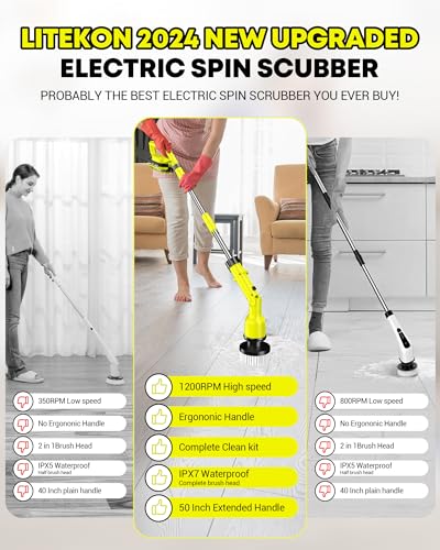 Image of Electric Spin Scrubber with 3+ Hour Long Lasting Battery, 1000W /1200RPM High Power Cordless Clean Brush with 50IN Adjustable Long Handle, 4 Replacement Head for Bath /Tub /Tile /Floor, RyobiGreen