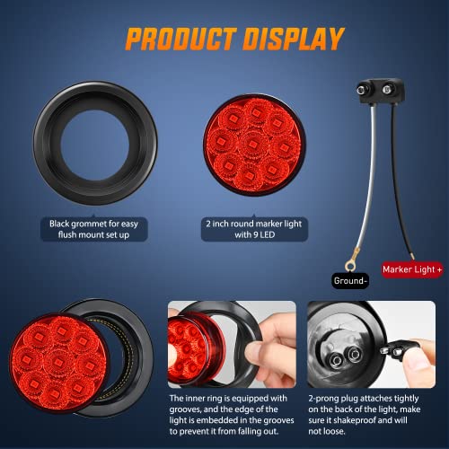 Image of Nilight 2 inch Round Marker Light 2PCS Red 9LED Indicator Clearance Lights | Flush Mount With Plug Grommet Pigtail Hardwired For 12V Truck Trailer Tractor Buses Vans Boat Mechanical Lighting Lamps