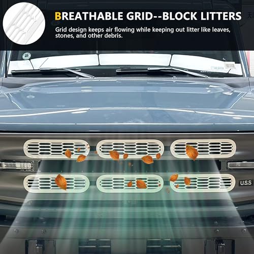 Image of Front Grill Inserts Cover Trims Mesh Grille Frame Kit Compatible with 2021 2022 2023 2024 2025 New Ford Bronco 2 /4 Door Exterior Decoration Accessories Protection Decor Decal, 6Pcs White