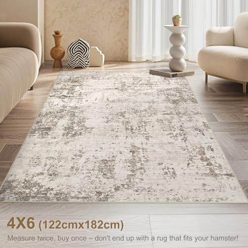 4x6 Area Rug Living Room Rugs - Washable Neutral Modern Abstract Soft Thin Rug Indoor Floor No Slip Rug Carpet for Bedroom Under Dining Table Home Office Decor - Dark Brown