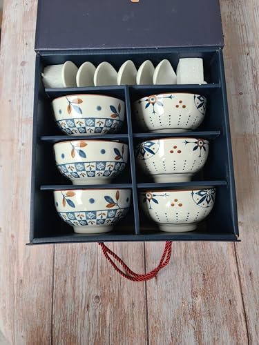 HQZT Homeware Set of 6 Ceramic Bowls with 6 Spoons – 300ml Japanese Style Floral Dishes for Ramen, Pasta, Cereal, Snacks, Dessert – Gift Boxed – Microwave & Dishwasher Safe
