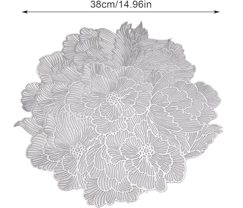 Image of Floral PVC Dining Table Placemats Set of 6 | Non-Slip Heat Resistant Table Mats for Dining Table | Decorative Table Mats for Home, Kitchen & Party Decor | 38 x 38 CM (Silver, Floral)