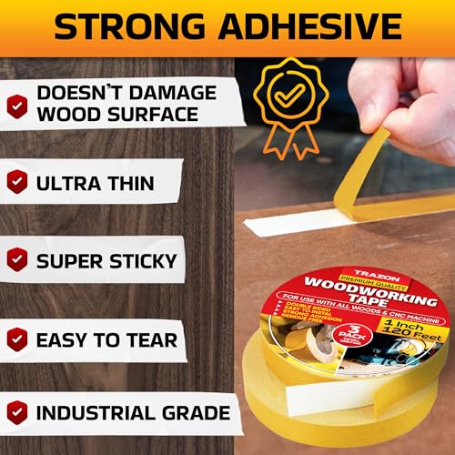 Image of Trazon Double Sided Woodworking Tape Super Strong, 3 Pack, 1 Inch x 120 Feet, Wood Crafter Sticky Tool, Two Side Adhesive for Router Templates and CNC Machine, Removable & Residue Free
