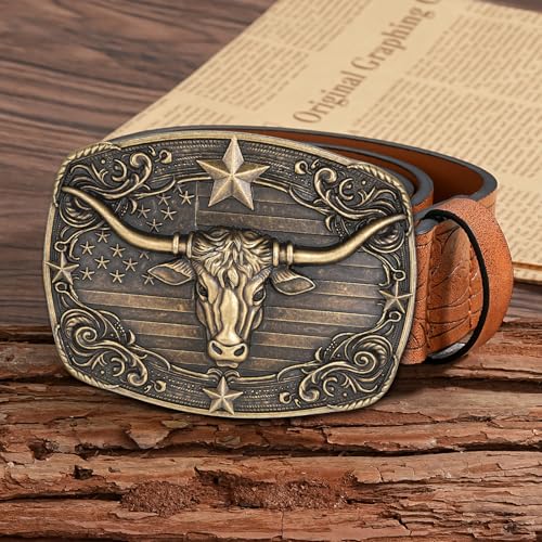 Image of Cowboy Belt Buckle for Men Western Cowgirl Rodeo Longhorn Bull Belt Buckles