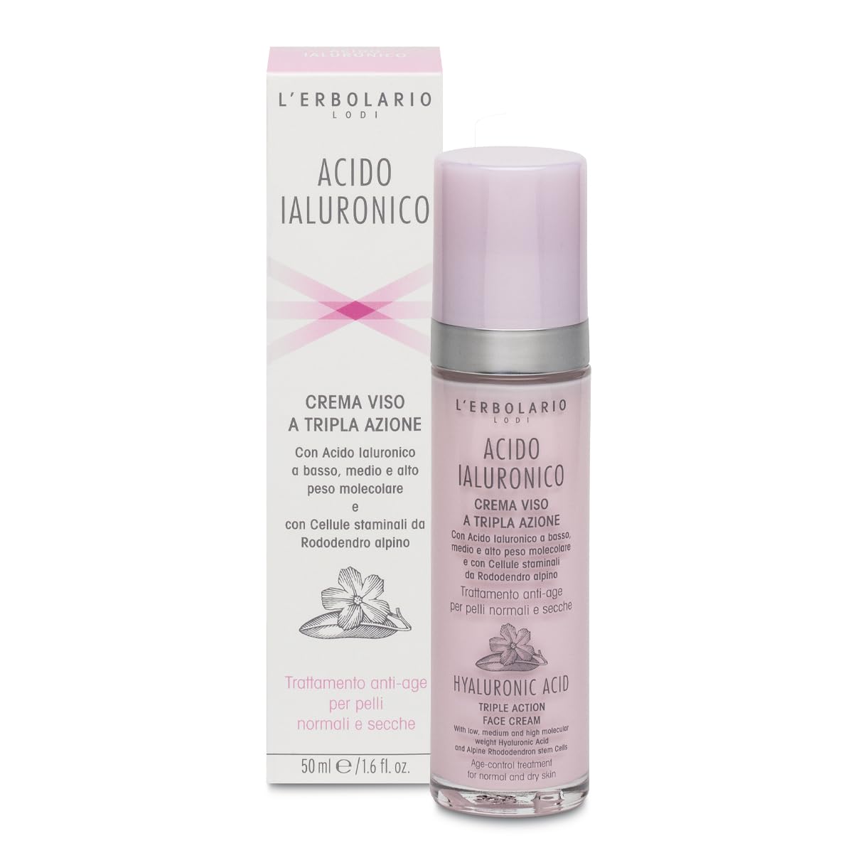 L'Erbolario Crema Viso AntiAge con Acido Ialuronico a Tre Pesi Molecolari, Cellule Staminali di Rododendro Alpino, Oli Nutrienti e Vitamina E - Idratazione Profonda per Pelli Normali e Secche 50 ml