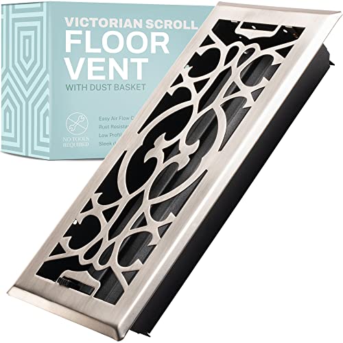 Home Intuition Victorian Floor Vent Cover 4X10 Inch Floor Register with Mesh Cover Trap Heat and Air Walkable Metal Floor Vent for HVAC Duct, Satin Nickel -  VTFV410SN