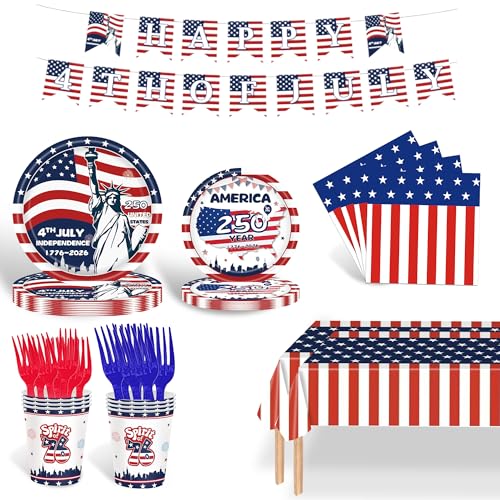 4th of July Party Supplies Set, Patriotic Theme Kit for for 250 Anniversary President Election Memorial Independence Decorations Includes Plates, Napkins, Cups, Banner, Forks Tablecloth