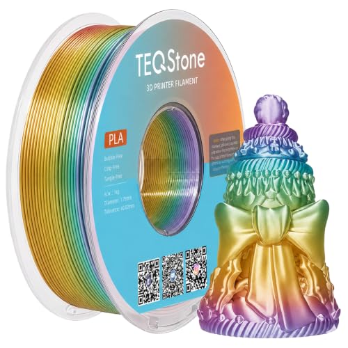 TEQStone Silk PLA Filament 1.75mm Rainbow 1KG, Shiny High Gloss Finish, Color Changes Per 10-13m, Perfectly Wound, Accuracy +/-0.02mm Multicolor 3D Printer Filament Vacuum Packaging