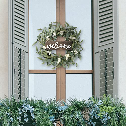 Sggvecsy Green Eucalyptus Wreath With Welcome Sign 20In Artificial Eucalyptus Wreath Spring Summer Wreath With White Berries For Front Door Wall Window Festival Farmhouse Porch Patio Garden Decor #TOP5