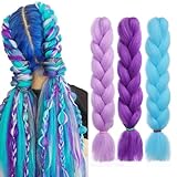 3 Colors Jumbo Braiding Hair Extensions 24 Inch Colored Braid Hair Purple Blue Hair Extension for Box Braids Crochet Braids High Temperature Synthetic Fiber for Twist Braiding Hair