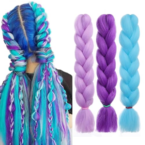 3 Colors Jumbo Braiding Hair Extensions 24 Inch Colored Braid Hair Purple Blue Hair Extension for Box Braids Crochet Braids High Temperature Synthetic Fiber for Twist Braiding Hair
