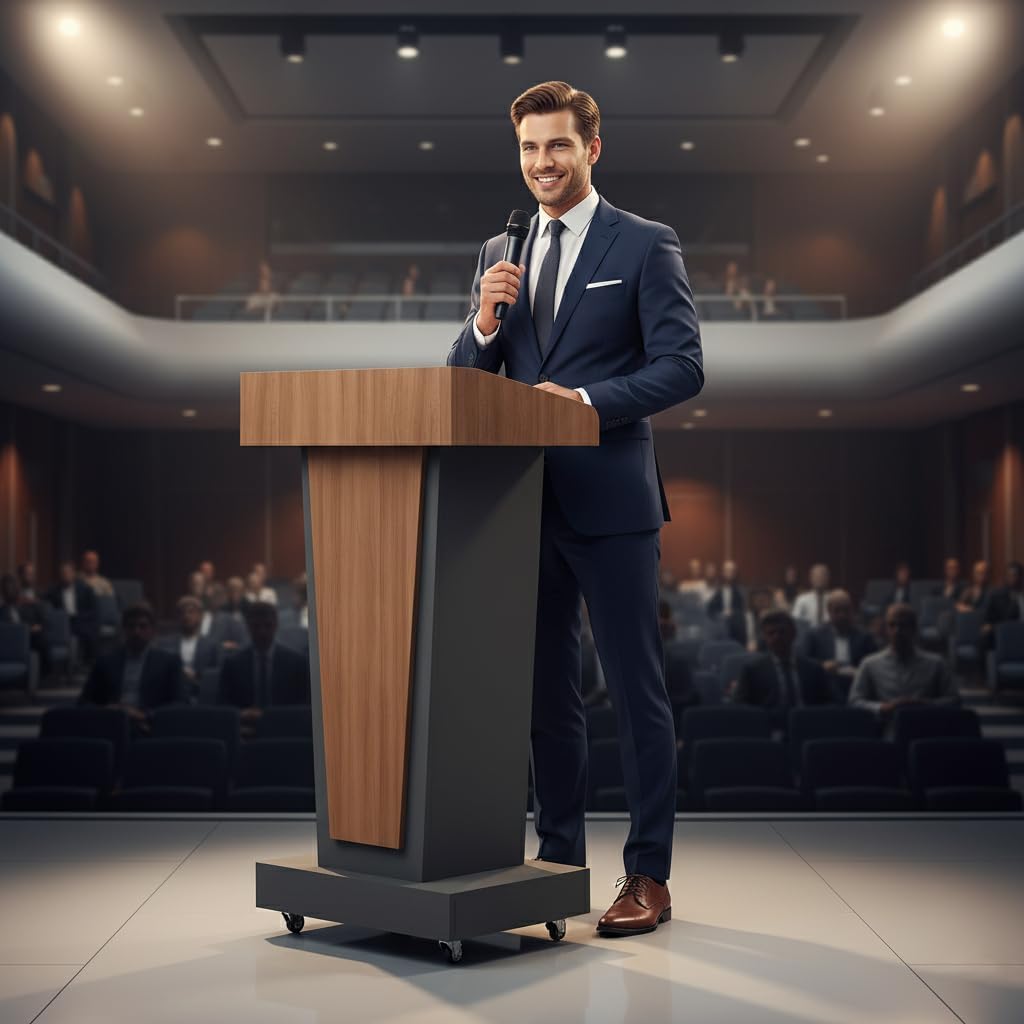 GARVIN Podium Stand with 4 Lockable Wheels, Mobile Wooden Lectern with 4” Elevated Footrest & Storage Shelves, Modern Pulpit for Church, School, Office and Conference
