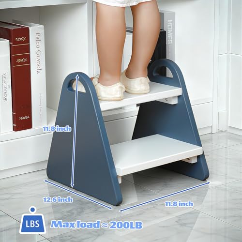 Toddler Step Stool, Wooden Step Stools for Kids, Kids Potty Training Stool with Handles, Rounded Corners Child Stepping Stool for Bathroom Sink, Kitchen, Bedroom (Blue) — view 2