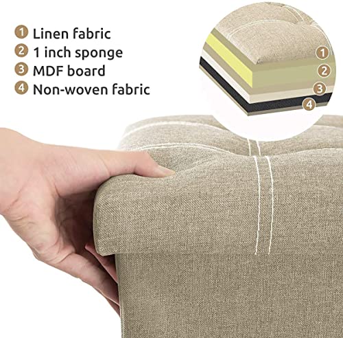 Image of AR Mall Folding Storage Ottoman, Long Shoes Sofa Bench, Fabric Linen Footrest Stool for Laundry, Storage Space, End Bed Storage Seat, Toys Organizer Bin Box with Lidded (Beige, 43X33X33 CM)
