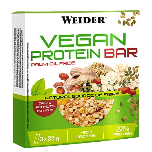 Weider Vegan Protein Bar. Sabor Cacahuete Salado. Mezcla de proteína vegetal, cereales y semillas. Sin gluten. Sin lactosa. Sin aceite de palma (3x35 g)