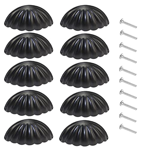 KanDery Vintage Shell Cabinet Knobs, Retro & Chic Carved Drawer Handles, Semicircle Furniture Door Handles, Half Moon Shape, Black