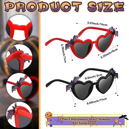 2 Pairs Halloween Heart Shaped Bat Sunglasses Funny Goth Glasses Trendy Vintage Gothic Sunglasses for Women Men Party Accessories Gift, 2 Colors2