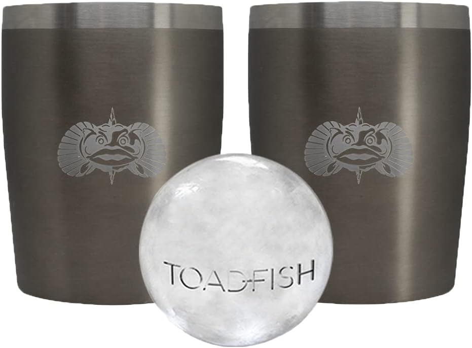 Toadfish Non-tipping 10oz Double Wall Insulated Stainless Steel Rocks Tumbler 2-Pack Gift Set w/Ice Ball Tray & Easy Slide Lid - Graphite