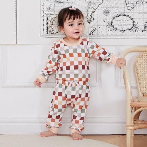 Karwuiio Toddler Baby Boy Girl Clothes Checkerboard Print Long Sleeve Sweatshirt Tops and Pants Fall Clothing Set2