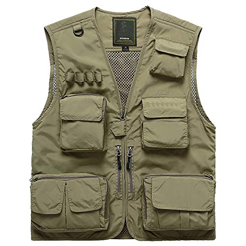 GS SNOWING Men's Mesh Quick-Dry Fishing Vest Photographer Multi-Pocket Waistcoat Khaki L