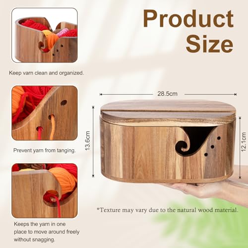 Image of Little World Large Wooden Yarn Bowl with Lid, Oval Crochet Yarn Holder for crocheting with Double Curling Slots to Prevent Tangles, Gift for Knitters and Crocheters