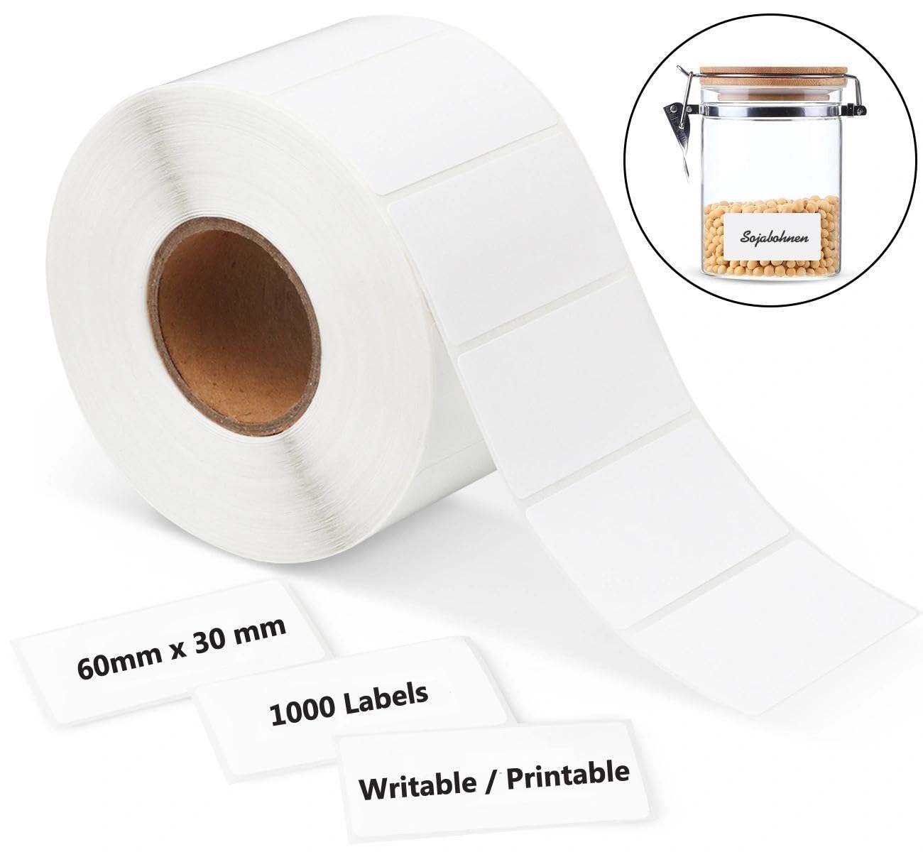 – ilauke 1000 Sticky Labels 60mm x 30mm, Self-Adhesive White Address Sticky Labels on A Roll for Package Mailing Price Jam Stickers